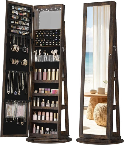 LVSOMT LED Jewelry Cabinet Standing, 360° Swivel Jewelry Armoire, Brown | Full Length Mirror with Storage, 3 Rear Shelves, Internal Mirror, 3 Color Lights, Lockable for Bedroom, Women Girls Gift