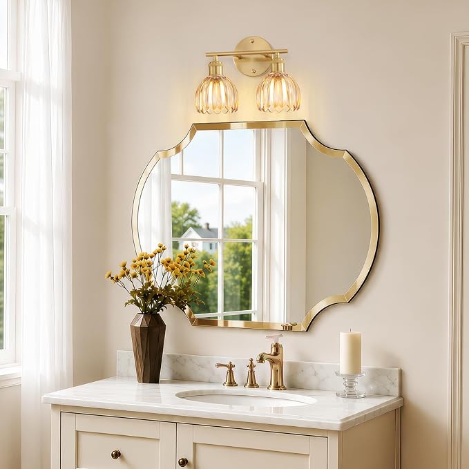 Bathroom Light Fixtures, 2-Light Brushed Gold Vanity Lights for Bathroom with Amber Tulip Glass Shade, 12" Vintage Bathroom Vanity Lighting Fixtures Over Mirror for Bedroom Living Room Hallway