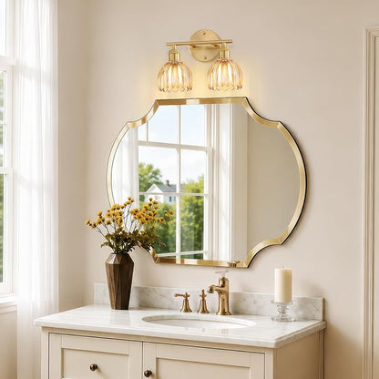 Bathroom Light Fixtures, 2-Light Brushed Gold Vanity Lights for Bathroom with Amber Tulip Glass Shade, 12" Vintage Bathroom Vanity Lighting Fixtures Over Mirror for Bedroom Living Room Hallway