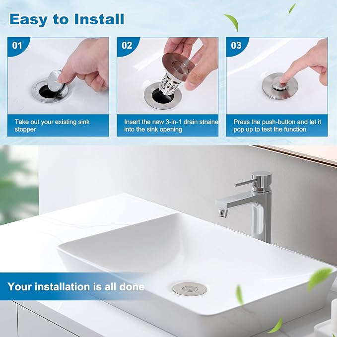 Hibbent Universal Bathroom Sink Drain Strainer, Upgraded 3 in 1 Pop Up Stopper, Removable Stainless Steel Filter Basket, Brass Bullet Core, Hair Catcher Sink Plug for 1.1''~2.36'' Hole, Brushed Nickel
