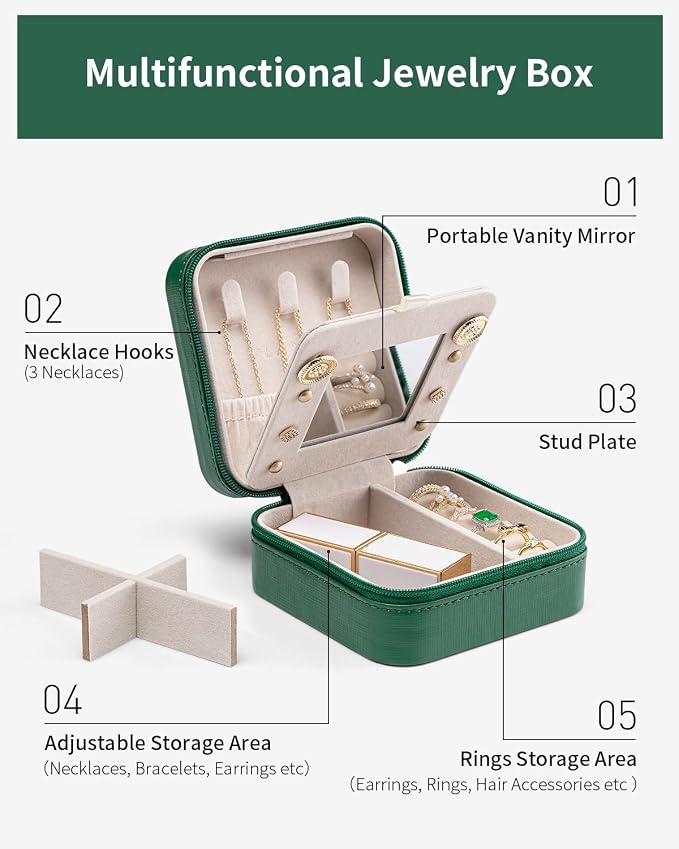 VLANDO Travel Jewelry Case with Mirror, Storage 3 Pairs of Stud Earrings | Necklace Hook for Anti-tangle, Removable Dividers, Waterproof PU Leather,Portable Storage for Rings, Necklace Gifts for Women