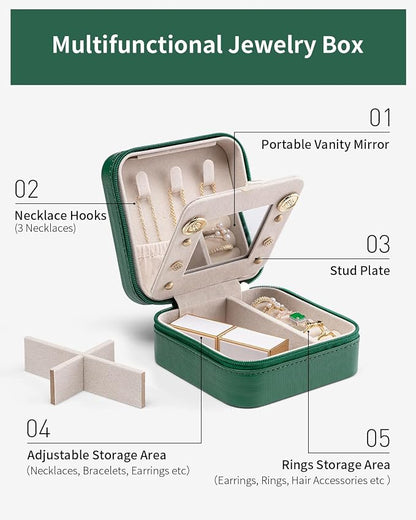 VLANDO Travel Jewelry Case with Mirror, Storage 3 Pairs of Stud Earrings | Necklace Hook for Anti-tangle, Removable Dividers, Waterproof PU Leather,Portable Storage for Rings, Necklace Gifts for Women