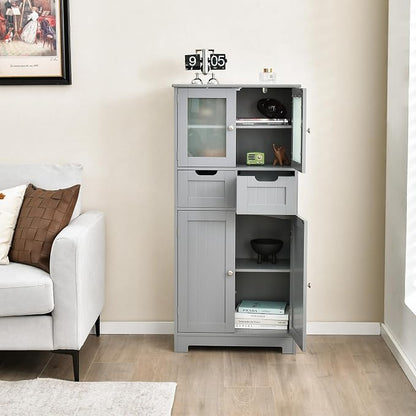 Giantex Bathroom Floor Storage Cabinet - Freestanding Cabinet with 2 Glass Doors, 2 Drawers & Adjustable Shelves, Multifunctional 50.5” Tall Storage Organizer Cupboard for Kitchen, Living Room (Gray)