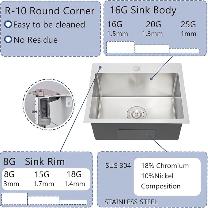 20x16 Inch Drop In Kitchen Sink, 3D Embossed Surface Finish Topmount SUS304 Stainless Steel Single Bowl Sink, Extra-thick 16 Gauge For RV Laundry Utility with Basket Strainer