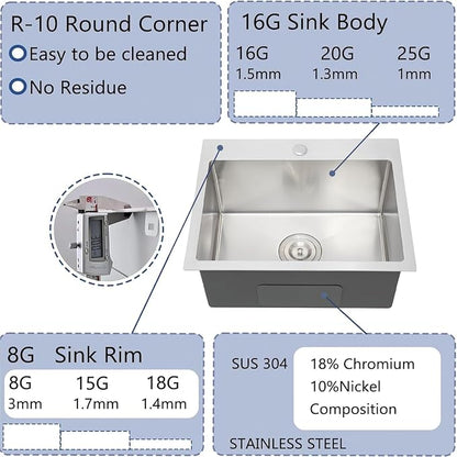 20x16 Inch Drop In Kitchen Sink, 3D Embossed Surface Finish Topmount SUS304 Stainless Steel Single Bowl Sink, Extra-thick 16 Gauge For RV Laundry Utility with Basket Strainer