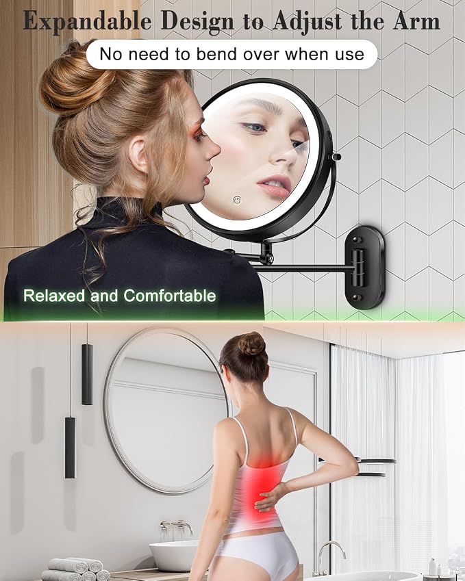 9'' 30X/1X Wall Mounted Height Adjustable Lighted Magnifying Makeup Mirror | 5000mAh Rechargeable Bathroom Mirror with 3 Color Modes Light, Extended Arm Space Saving for Apartment, Hotel, Rental House