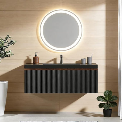 42'' Floating Bathroom Vanity with Sink, Wall-Mounted Bathroom Storage Cabinet with Soft-Close Striped Drawer & Quartz Sand Basin, Modern Smoked Walnut Body with Internal Handle, Black