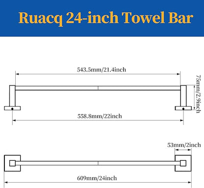 Ruacq Matte Black 21 Inch Single Towel Bar Square Bath Towel Holders Bathroom Towel Rack SUS304 Stainless Steel Modern Wall Mounted Total Length 24 Inch