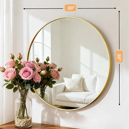 30 Inch Round Bathroom Mirror for Wall, Matte Gold Metal Framed | Circle Vanity Mirror for Bathroom Bedroom Living Room Entryway, Anti-Rust, Tempered Glass, Hanging or Leaning