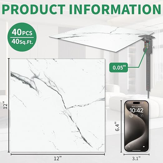 40-Pack Peel & Stick Floor Tiles 12 x 12 inch Vinyl Floor Self Adhesive Waterproof Flooring Planks DIY for Bathroom, Kitchen, Living Room, RV, Cover 40 Sq. Ft, White Vein Marble