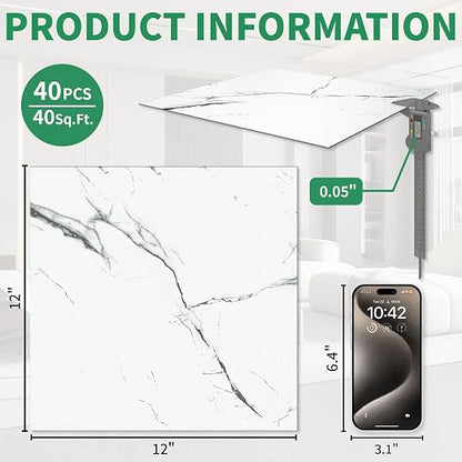 40-Pack Peel & Stick Floor Tiles 12 x 12 inch Vinyl Floor Self Adhesive Waterproof Flooring Planks DIY for Bathroom, Kitchen, Living Room, RV, Cover 40 Sq. Ft, White Vein Marble