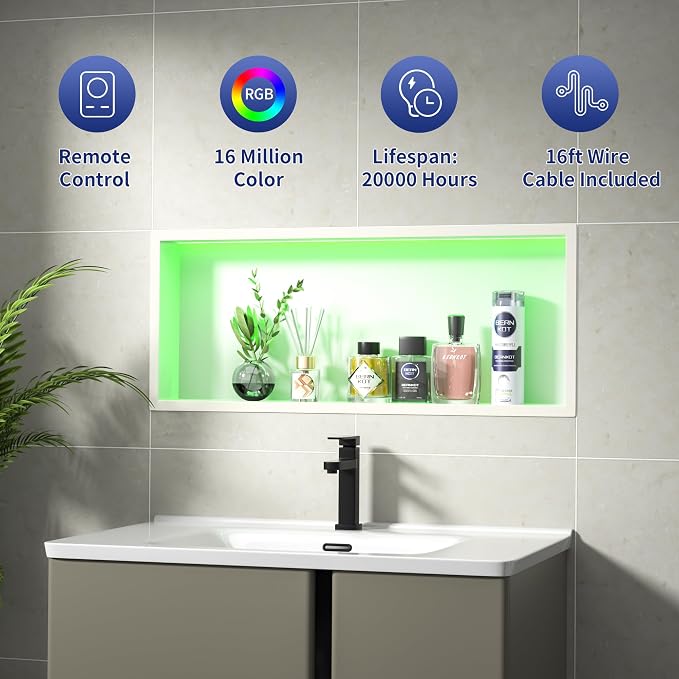 Stainless Led Shower Niche 36"x12" White RGB Light No Tile Needed | 304 stainless steel shower niche,recessed dimmable niche shower,Led driver & remote control included,dropped in niche