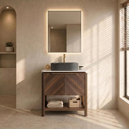 Yayzy 30 Inch Bathroom Vanity with Sink, Freestanding Dark Walnut Bathroom Cabinet, Matte Black Oval Vessel Sink, Carrara White Sintered Stone Countertop, Soft Close Doors, Open Storage Shelf