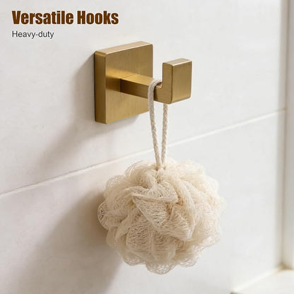 5-Pieces Brushed Gold Bathroom Hardware Set, SUS 304 Stainless Steel 24.48 Inch Square Towel Bar Set with Towel Ring Robe Towel Hooks and Paper Towel Holder for Bathroom Wall Mounted