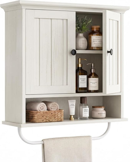 Besiost Farmhouse Bathroom Wall Medicine Cabinet with Removable Towel Bar | Over Toilet Storage Organizer, 7.9" Slim Profile, 100 Lbs Capacity, Adjustable Shelf, Soft Close Hinges Door, White