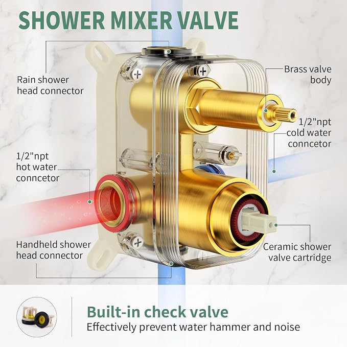 SunCleanse Rainfall Shower System with High Pressure in Brushed Gold | Ceiling mounted shower combo set featuring a 10" square rain head, handheld spray, and rough-in mixer valve with trim.
