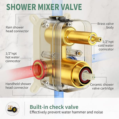 SunCleanse Rainfall Shower System with High Pressure in Brushed Gold | Ceiling mounted shower combo set featuring a 12" square rain head, handheld spray, and rough-in mixer valve with trim.
