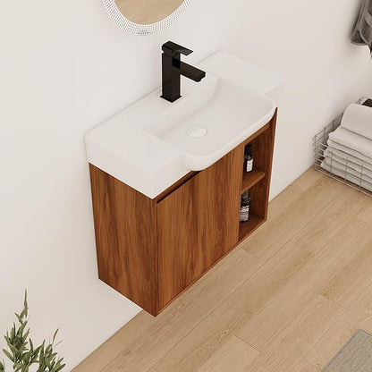 24" Wall-Mounted Bathroom Vanity with Ceramic Sink, 24 inch Floating Single Sink Vanity Cabinet Modern Brown 1-Door Design with Storage Shelf (Space-Saving for Small Bathrooms)