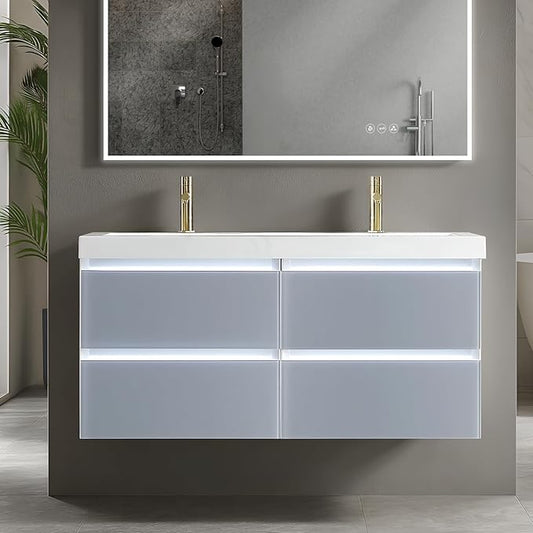 Blossom 48 inch LED Lighted Bathroom Vanity with Acrylic Sink | Wall Mounted Vanity with Dimmable LED Lights | Modern Floating Design for Bathrooms | 48" w/Acrylic Sink, Light Grey