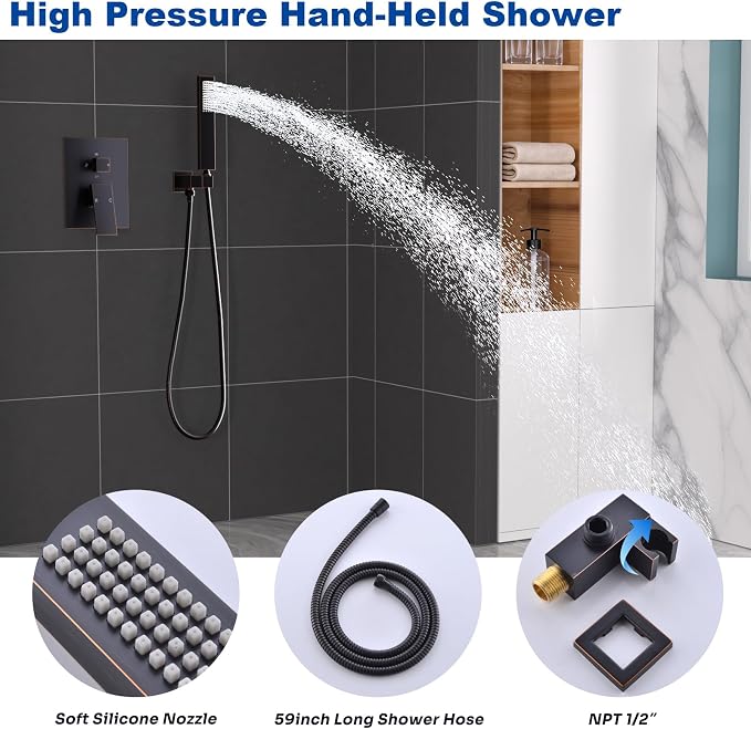 ENGA Oil Rubbed Bronze Dual Rain Shower Head System, 2 In 1 Functions Ceiling Mount 14x20inch LED Shower Head with 6 Inch Shower Head, Rainfall Waterfall Shower Faucet Set