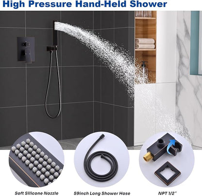 ENGA Oil Rubbed Bronze Dual Rain Shower Head System, 2 In 1 Functions Ceiling Mount 14x20inch LED Shower Head with 6 Inch Shower Head, Rainfall Waterfall Shower Faucet Set