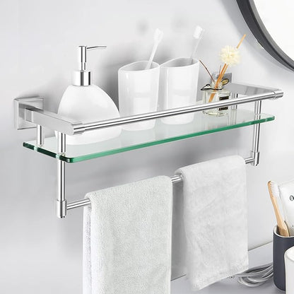 Glass Bathroom Shelf with Towel Bar, Stainless Steel Tempered Towel bar/Track Glass Bathroom Shelves Wall Mount Over The Toilet (Brushed Nickel, 20-inch)