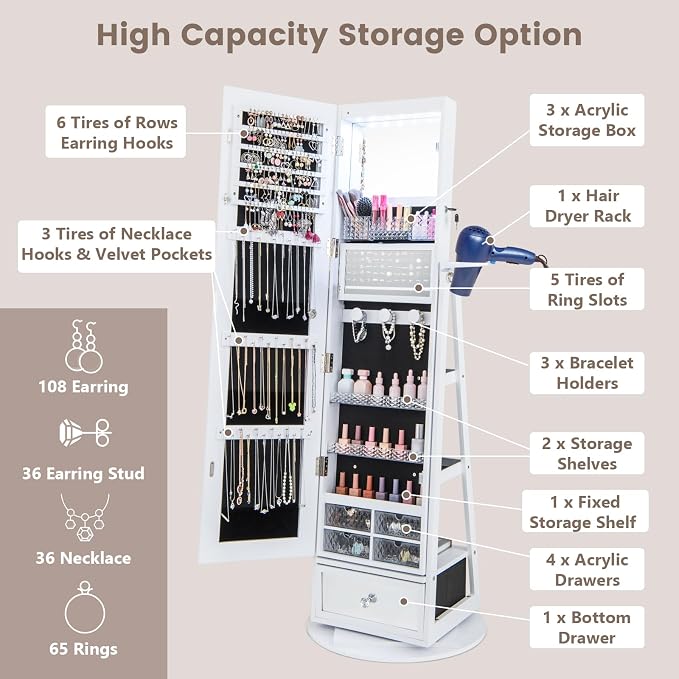 GOFLAME 360° Rotating Jewelry Cabinet with Full Length Mirror, Standing LED Mirror Jewelry Armoire, Lockable Jewelry Organizer with Hair Dryer Rack, Back Storage Shelves, Inner Makeup Mirror, White