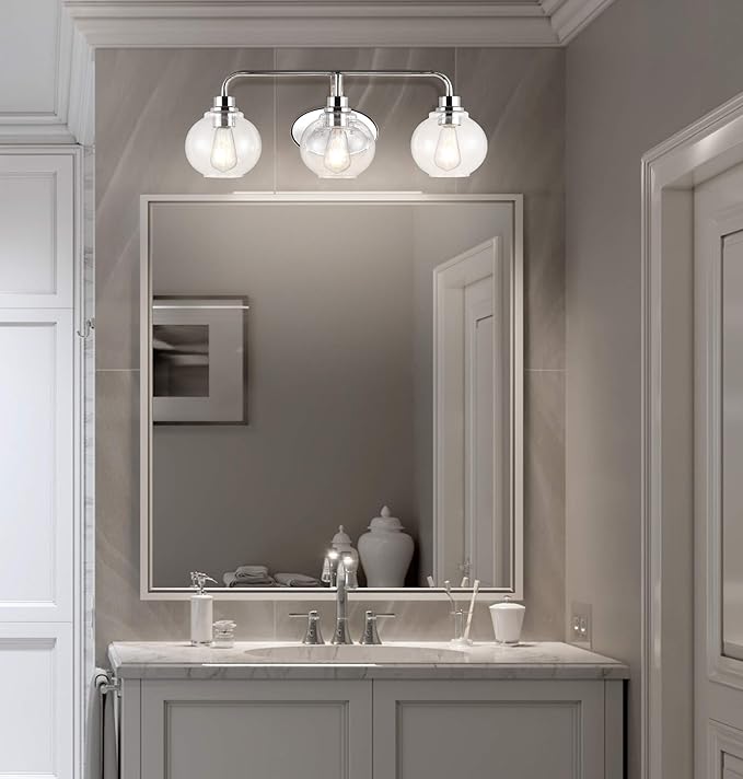 JONATHAN Y 26.25" Chrome Farmhouse LED Vanity Light Wall Sconce for Bathroom, Clear Seeded Glass Shade, Industrial Iron Indoor Fixture, LED Bulb Included (JYL7528B)