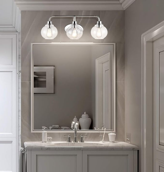 JONATHAN Y 26.25" Chrome Farmhouse LED Vanity Light Wall Sconce for Bathroom, Clear Seeded Glass Shade, Industrial Iron Indoor Fixture, LED Bulb Included (JYL7528B)