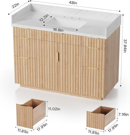48 inch Bathroom Vanity with Sink and Countertop,Solid Wood, 1.5 inch Carrara White Quartz Bath Vanity, 2 Soft Closing Doors,4 Dovetail Drawers,3 Tilt Drawer