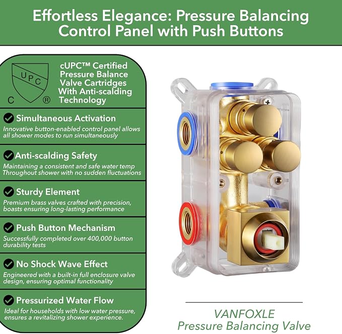 VANFOXLE Shower System Brushed Gold Shower Faucet Set, Push Button Diverter | 10 Inch Ceiling Mount Rain Head Increased Thick, 6 Inch Side Head, 2-in-1 Handheld Sprayer, Solid Brass Valve, Rust Resistant