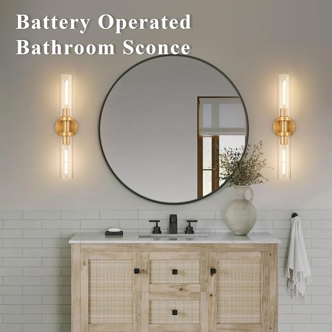 Gold Battery Operated Wall Sconce Set of 2, 12000mAh Rechargeable Wall Lights with Remote Control, Wireless Dimmable Wall Lamps for Bedroom Living Room Bathroom Hallway Stairwell
