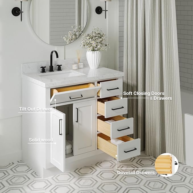 ARIEL Hepburn 36-inch Bathroom Vanity Base Cabinet,Solid Wood, 2 Soft Closing Doors, 5 Dovetail Drawers, White