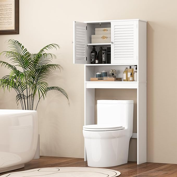 Giantex Over-The-Toilet Storage Cabinet, 3-Tier Freestanding Bathroom Rack w/Slat-Door Cabinet & 3-Position Adjustable Shelf, Space-Saving Storage Organizer for Bathroom, Washroom, Laundry Room