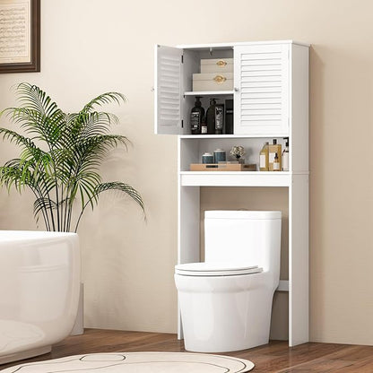 Giantex Over-The-Toilet Storage Cabinet, 3-Tier Freestanding Bathroom Rack w/Slat-Door Cabinet & 3-Position Adjustable Shelf, Space-Saving Storage Organizer for Bathroom, Washroom, Laundry Room