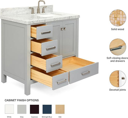 ARIEL Cambridge 36-inch Bathroom Vanity with Sink,Solid Wood, 1.5-inch Italian Carrara Marble Countertop, Single Rectangular Porcelain Sink, 2 Soft Closing Doors, 5 Dovetail Drawers, Grey
