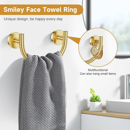 5-Piece Bathroom Hardware Accessories Set,Brushed Gold Towel Bar Set with Smiley Face Towel Rings, Stainless Steel Wall-Mounted Towel Holder Set for Bathroom,23.6 Inch