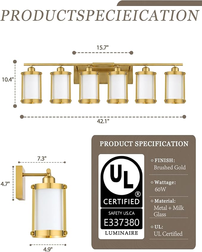 6-Light Brushed Gold Bathroom Light Fixtures Over Mirror with Frosted Milk Glass and Metal Cage Shade, 42" UL-Listed Modern Farmhouse Wall Sconce for Bath, Hardwire E26, OS-3014BGW-6W