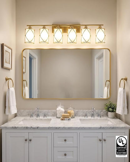 6-Light Brushed Gold Bathroom Light Fixtures Over Mirror, 42" UL-Listed Modern Wall Sconce Lights with Milk White Frosted Glass and Metal Cage for Bath, Hardwire E26, CH9176BGW-6W