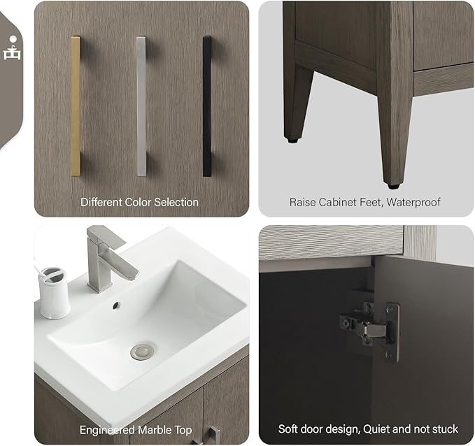 Vanity Art 24 inch Bathroom Vanity with Single Sink & Ceramic Top, Vanity Cabinet with Soft-Closing Doors, Solid Wood Frame, Driftwood Gray, VA9024-DG-GB1