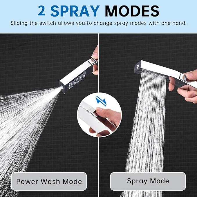 G-Promise All Metal Square Handheld Head with Power Wash Mode (Chrome) | All Metal Construction, Powerful Wash Mode, Side Push Switch, Modern Look, Simple to Install