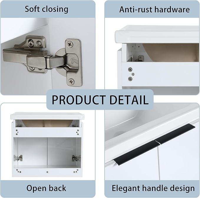 24 Inch Bathroom Vanity with Sink Combo,24'' Floating Bathroom Vanity with Sink, Modern Wall Mounted Cabinet Set with 12'' Side Cabinet Combo,White