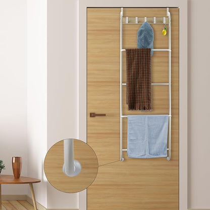 Over the Door Towel Rack for Bathroom 5 Tier Over The Door Towel Bar | Back of Door Towel Rack, Behind Door Towel Holder with Hooks, White Door Rack Hanger, Stable Suction Cup Design