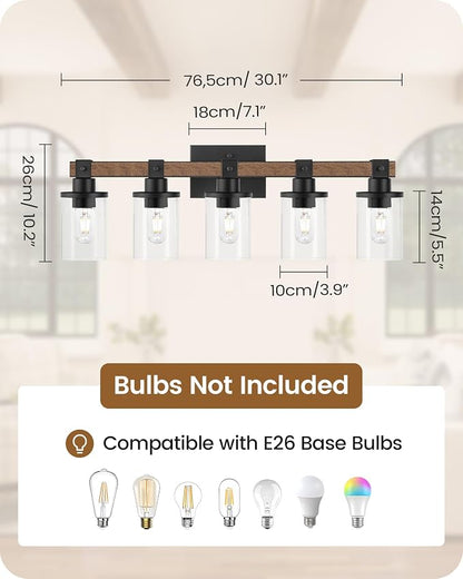 5-Light Bathroom Light Fixture, Farmhouse Vanity Lights for Bathroom with Glass Shade, Rustic Bathroom Light Fixtures, E26 Base F10BD05W1