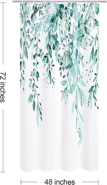 Teal Eucalyptus Shower Curtain, Watercolor Floral Print, 48x72 | Watercolor Plant Leaves Floral Print, Stall Waterproof Fabric Bathroom Decor, Machine Washable, Rustproof Grommets