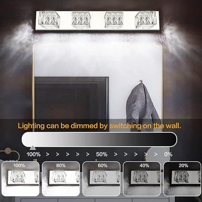 4 Lights Bathroom Vanity Light - Crystal Modern Vanity Lights for Bathroom - Dimmable 24W LED Chrome Bath Light Fixtures Over Mirror Cool White Light
