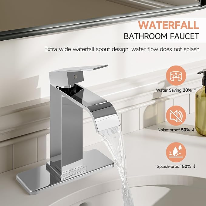 Chrome Bathroom Faucets Evolvegoods Modern Waterfall Bathroom Faucet | Single Handle 1 or 3 Hole Bathroom Sink Faucet RV Mixer Tap Vanity Faucet with Deck Plate Pop-up Drain and Supply Lines