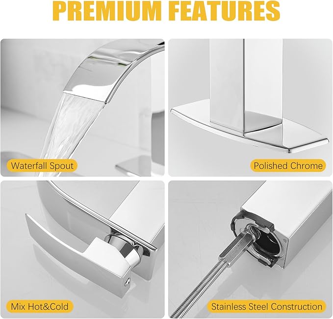 BESy Polished Chrome Waterfall Spout Bathroom Faucet, Single Handle Bathroom Sink Faucet with Pop-up Drain, Rv Vanity Faucet with Deck Plate & cUPC Supply Hoses, Polished Chrome, 1 or 3 Hole