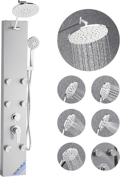 VEVOR Shower Panel Tower System with Rainfall Shower Head, 49 in Brushed Stainless Steel Shower Column, 3-Function Faucet, High Pressure Wall-Mount Rain Massage System with 6 Body Jets and Handheld