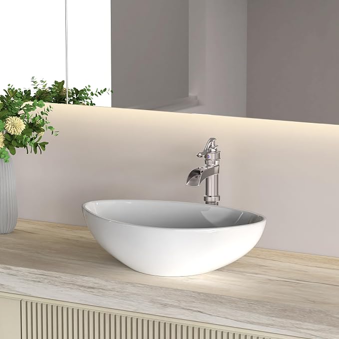 Brushed Nickel Vessel Sink Faucet Brass Tall Waterfall Bathroom Faucet | Single Handle Bathroom Sink Faucets with Pop Up Drain Without Overflow and Supply Hoses Mixer Tap Deck Mount by BATHLAVISH